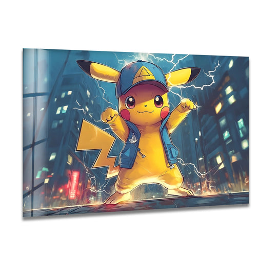 Bold yellow Pikachu pops against the deep blues of the urban background, showcasing a striking color contrast in this unique modern wall decor glass art.