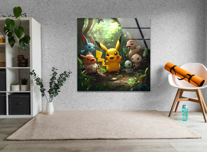 Pikachu with Other Pokemon Glass Wall Art print picture on glass, Tempered Glass Wall Art