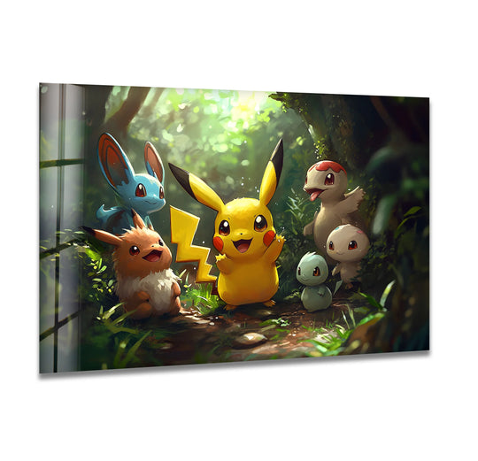 With depth and layers, a fantasy framed canvas showcases Pikachu and friends amidst lush greenery and dynamic lightning.