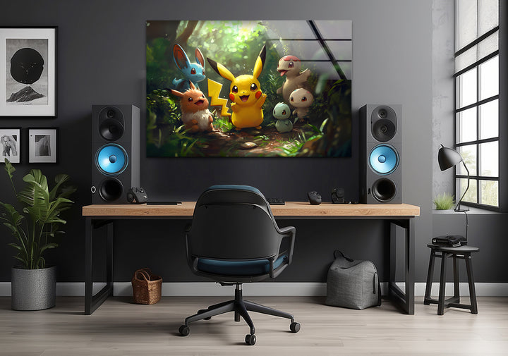 Pikachu with Other Pokemon Glass Wall Art stained glass wall art, stained glass wall decor