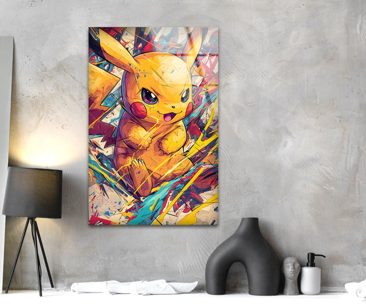 Oil Painting Baby Pikachu Glass Wall Art glass wall decor, glass wall art decor
