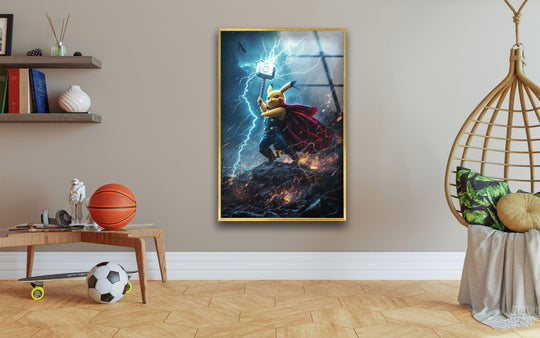 Diagonal lightning flashes create a strong visual rhythm alongside the heroic electric creature in this unique print wall art, energizing the dynamic storm warrior scene.