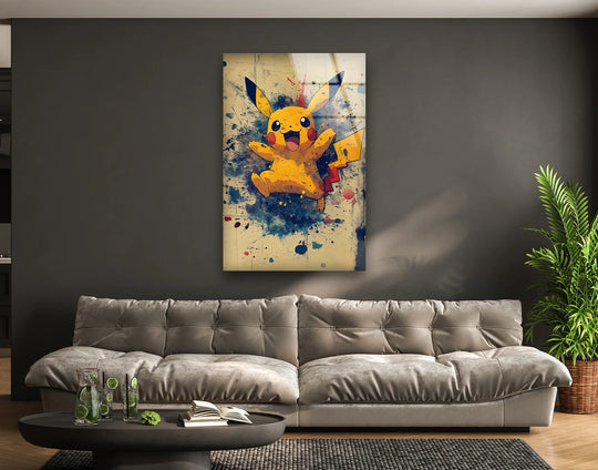 A bright yellow character pops against a dark grey wall, creating a bold contrast on these wall art prints.