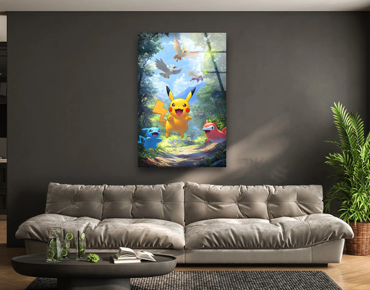 Highlighting the abstract quality, this glass wall art painting captures a dynamic forest scene with colorful cartoon creatures, creating an energetic and playful atmosphere.