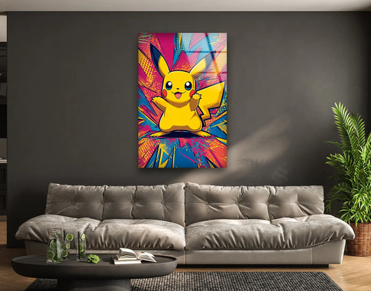 Highlighting the abstract quality, the energetic glass wall art features a vibrant yellow character amidst colorful wall prints with electric pop art accents.