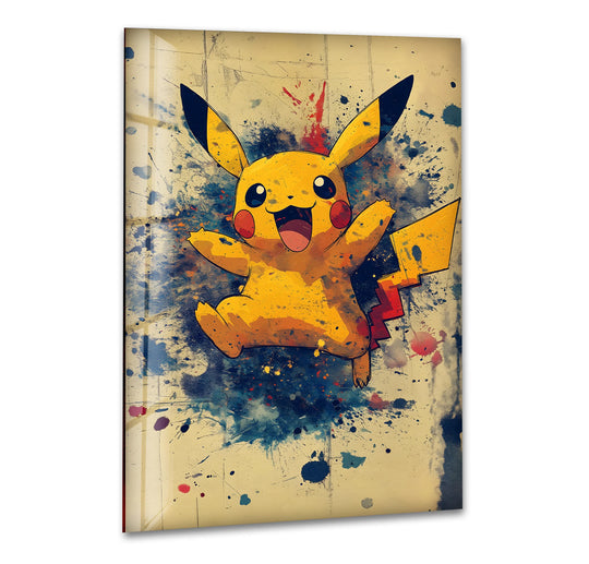 An energetic and joyful splash of a yellow anime character on this abstract glass wall art creates a vibrant home decoration.