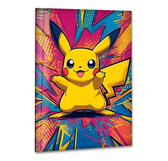 Negative space surrounds the electric yellow pop art character, creating a dynamic art from glass aesthetic within this vibrant glass wall art piece.