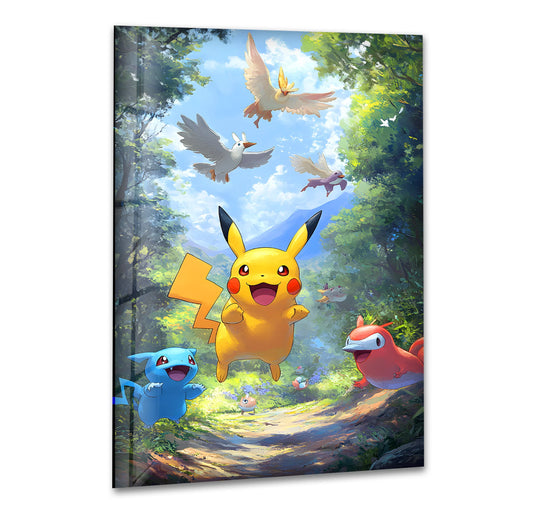 Centered around Pikachu, this delightful glass wall art prints showcases colorful cartoon creatures adventuring through an enchanting forest scene.