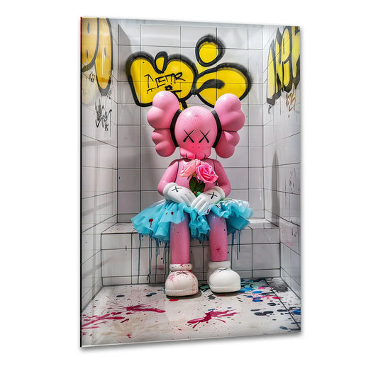 The pink Kaws art is a glass wall art featuring famous painting aesthetic and pop art style perfect for Kaws wall decor and bright vintage wall art display
