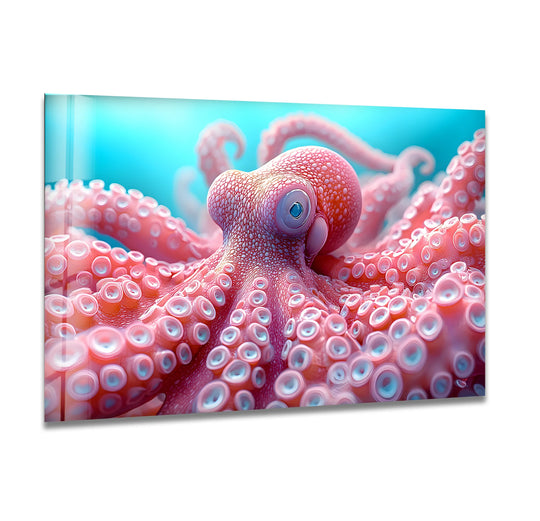 Pink octopus glass art painting showcases the organic forms of its textured skin and undulating tentacles in a vibrant ocean hue.