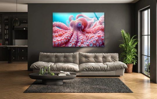 A vibrant pink octopus rendered in stunning glass art, its tentacles detailed with mesmerizing suckers against a vivid azure ocean backdrop.