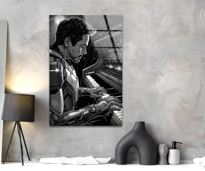 Pianist Iron Man Glass Wall Art custom glass photo prints, large glass prints

