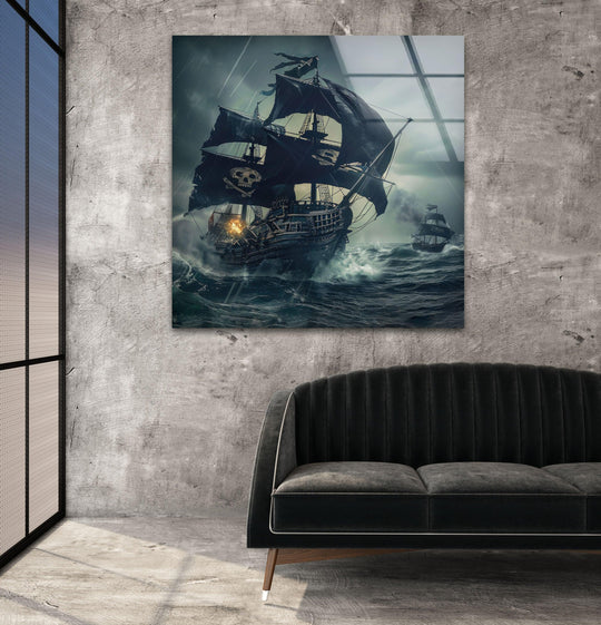 A dramatic, cool-toned pirate ship glass wall art capturing a stormy sea with dramatic lighting.