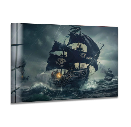 This stunning pirate ship glass printing depicts a dark ship sailing through stormy seas with a Jolly Roger flag flying high.