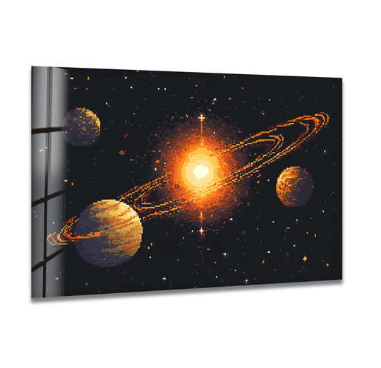 Space wall art pixel style with orange hues and galaxy theme is pixel galaxy glass wall art for space wall paintings with retro wall decor