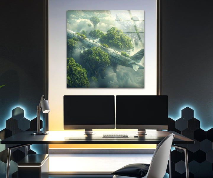High-quality tempered glass art showcasing an eerie aircraft wreck in nature.
