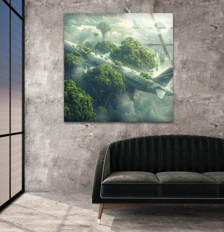 Stunning glass wall decor blending aviation and nature in a dreamlike setting.
