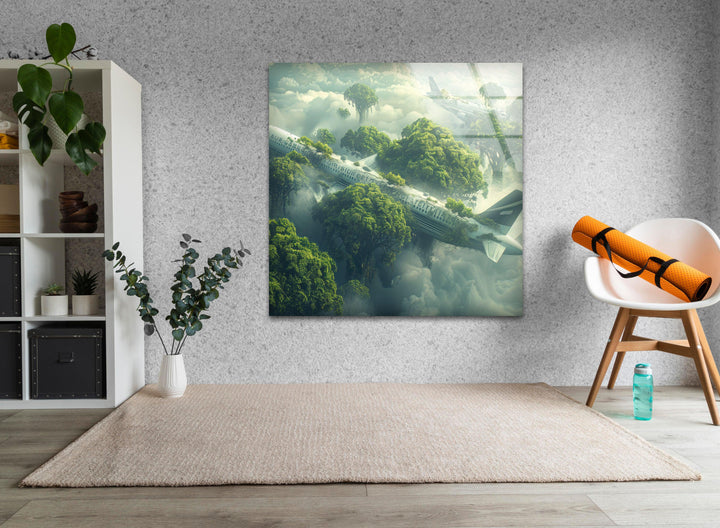 Unique glass artwork of a forgotten airplane overtaken by jungle vegetation.
