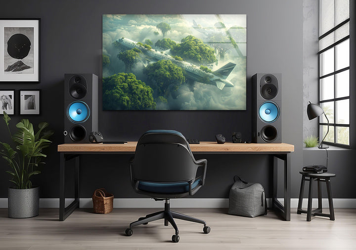 Floating forest and abandoned plane scene printed on ultra-HD glass wall decor.
