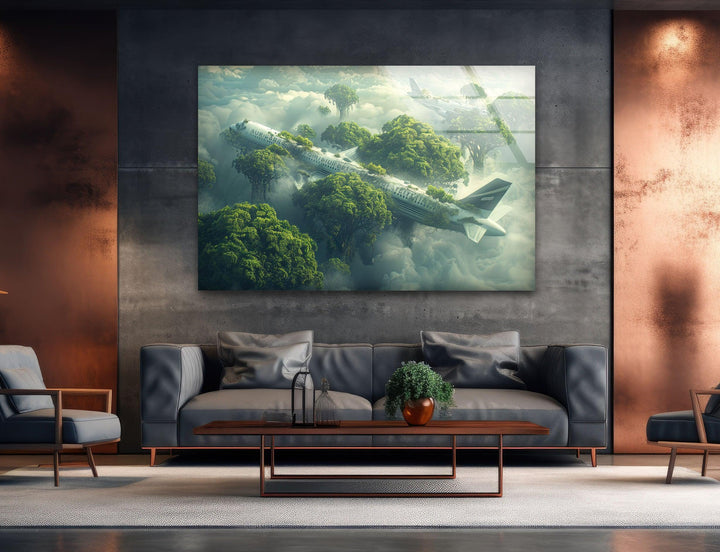 Modern glass wall art featuring a haunting yet beautiful plane graveyard in the sky.
