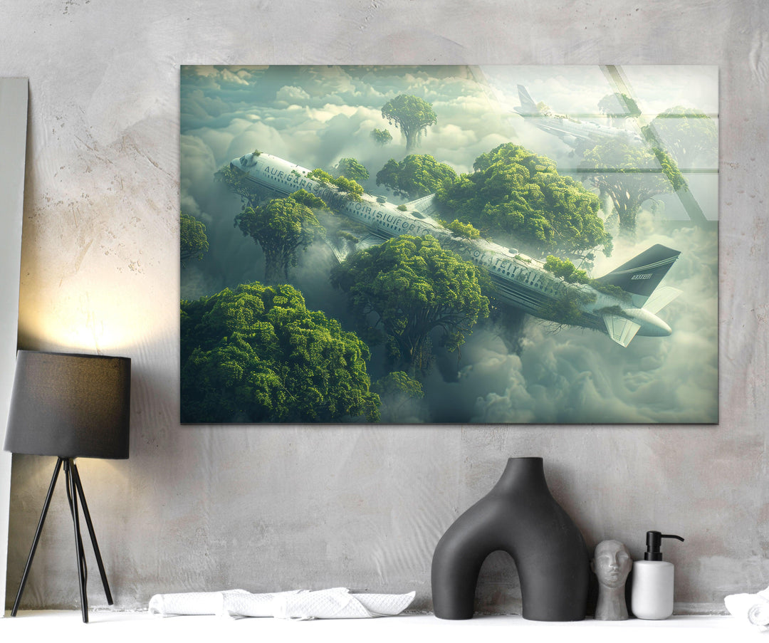 Atmospheric glass artwork of a lost airplane merging with the wild landscape.
