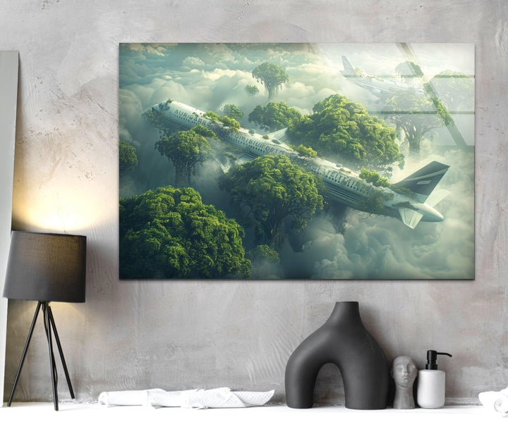 Atmospheric glass artwork of a lost airplane merging with the wild landscape.
