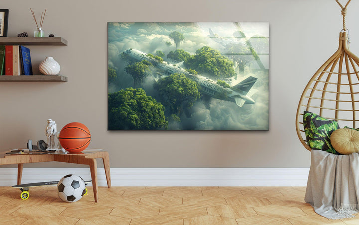 Surreal glass wall art featuring an abandoned airplane reclaimed by nature.
