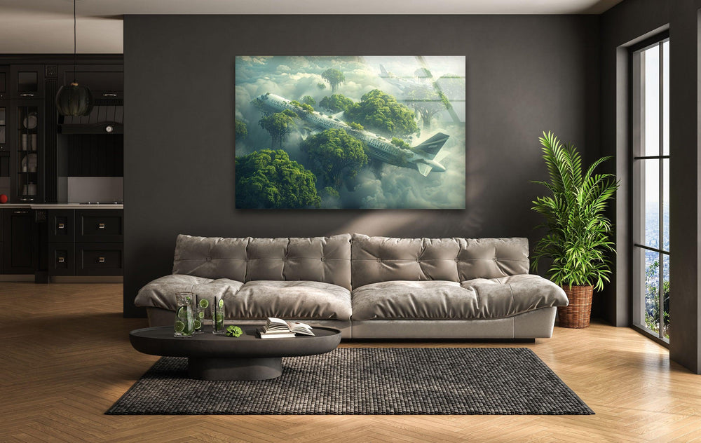 Futuristic nature decor with a crashed aircraft covered in lush greenery.
