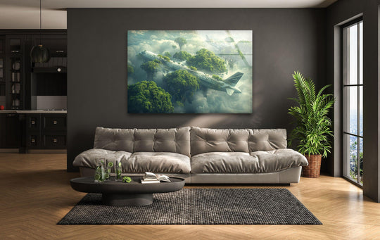 Angular geometric elements define the abandoned plane within this unique modern wall decor, a surreal landscape glass wall art print ideal for minimalist homes.