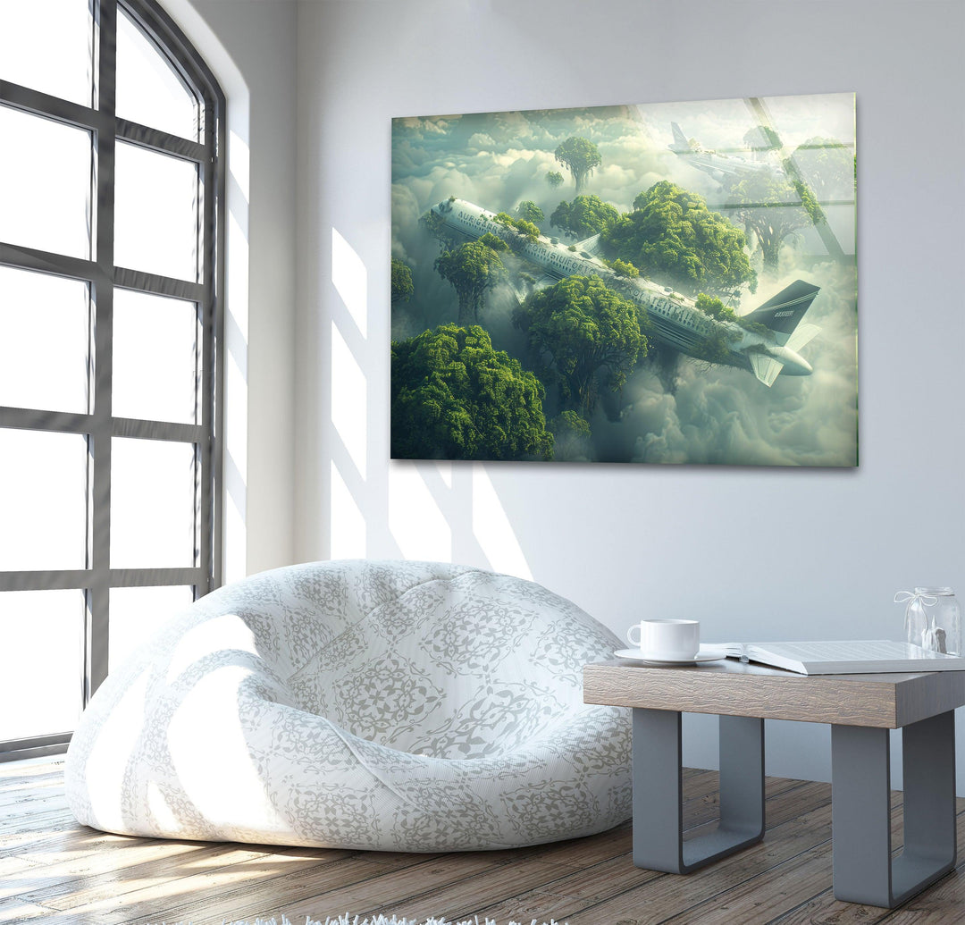 A breathtaking glass print of an overgrown airplane wreck in the clouds.
