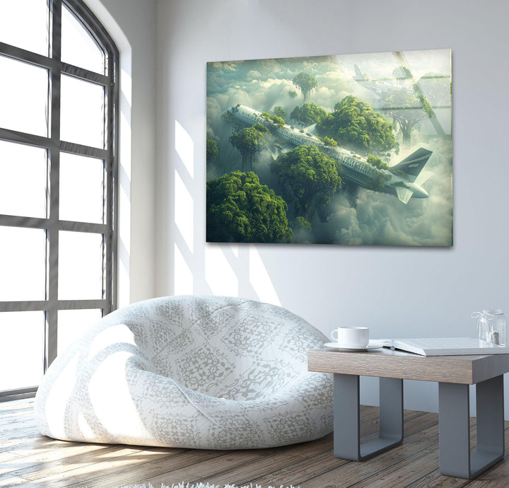 A breathtaking glass print of an overgrown airplane wreck in the clouds.
