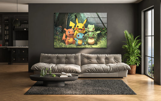 Gentle light graces the playful Pokémon glass wall art, a whimsical piece of home decor bringing fantasy creatures to life with vibrant colors.