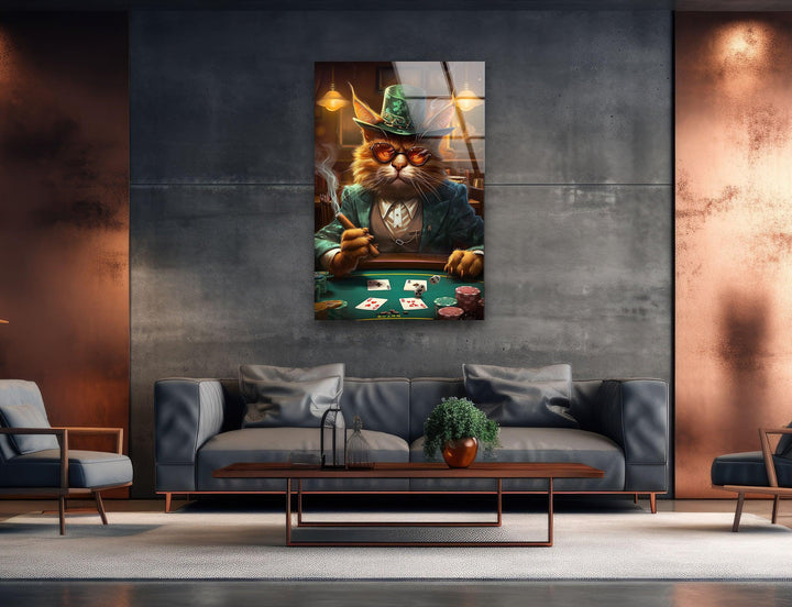 Poker Cat Glass Wall Art custom glass pictures, glass art prints

