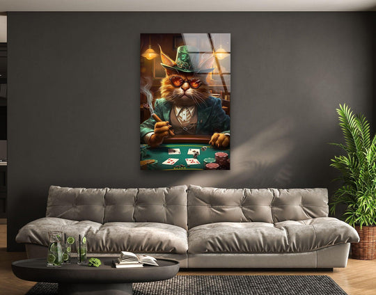 A dapper feline playing poker creates a striking visual rhythm as best glass art for any game room.