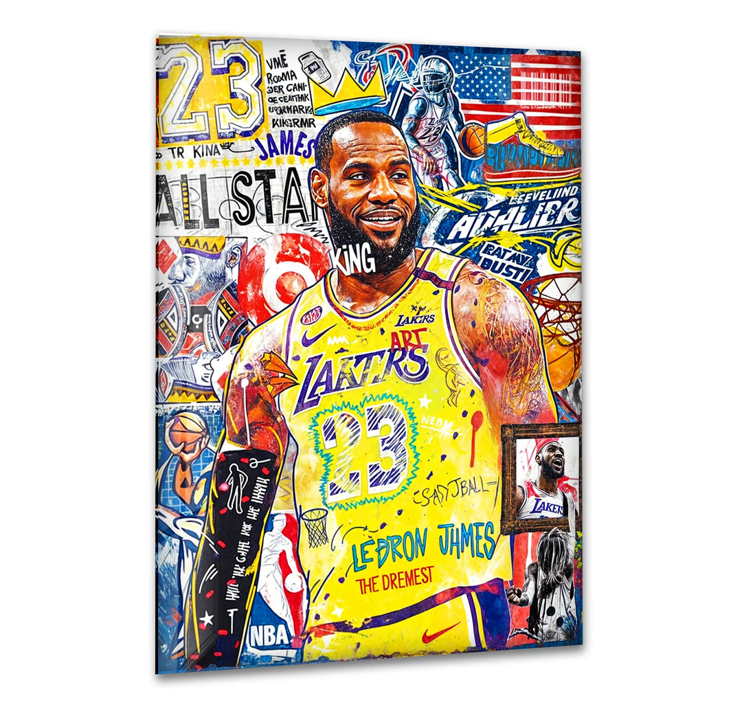 Lebron The King Glass Wall Art Colorful pop-art glass wall art featuring an iconic number 23 basketball athlete with vibrant collage elements.