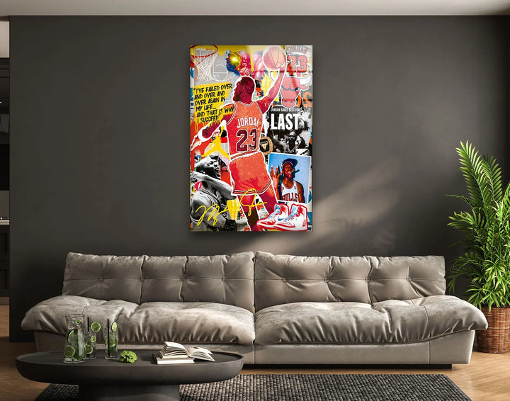Colorful glass wall art collage featuring an iconic number 23 basketball athlete with inspiring quotes.