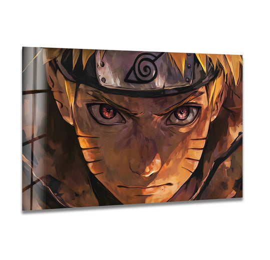 Brooding and intense, this fierce warrior's fiery gaze in the anime-inspired unique modern wall decor creates a powerful mood in this glass wall art.