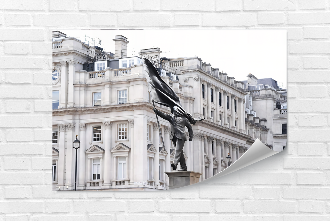 The focal point is the dynamic Banksy statue holding a flag, set against a classic London building, ideal unique modern wall decor.