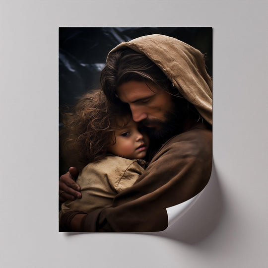 Finished with a premium canvas decor look, the Divine Embrace canvas print captures Jesus holding a child in a touching portrayal.