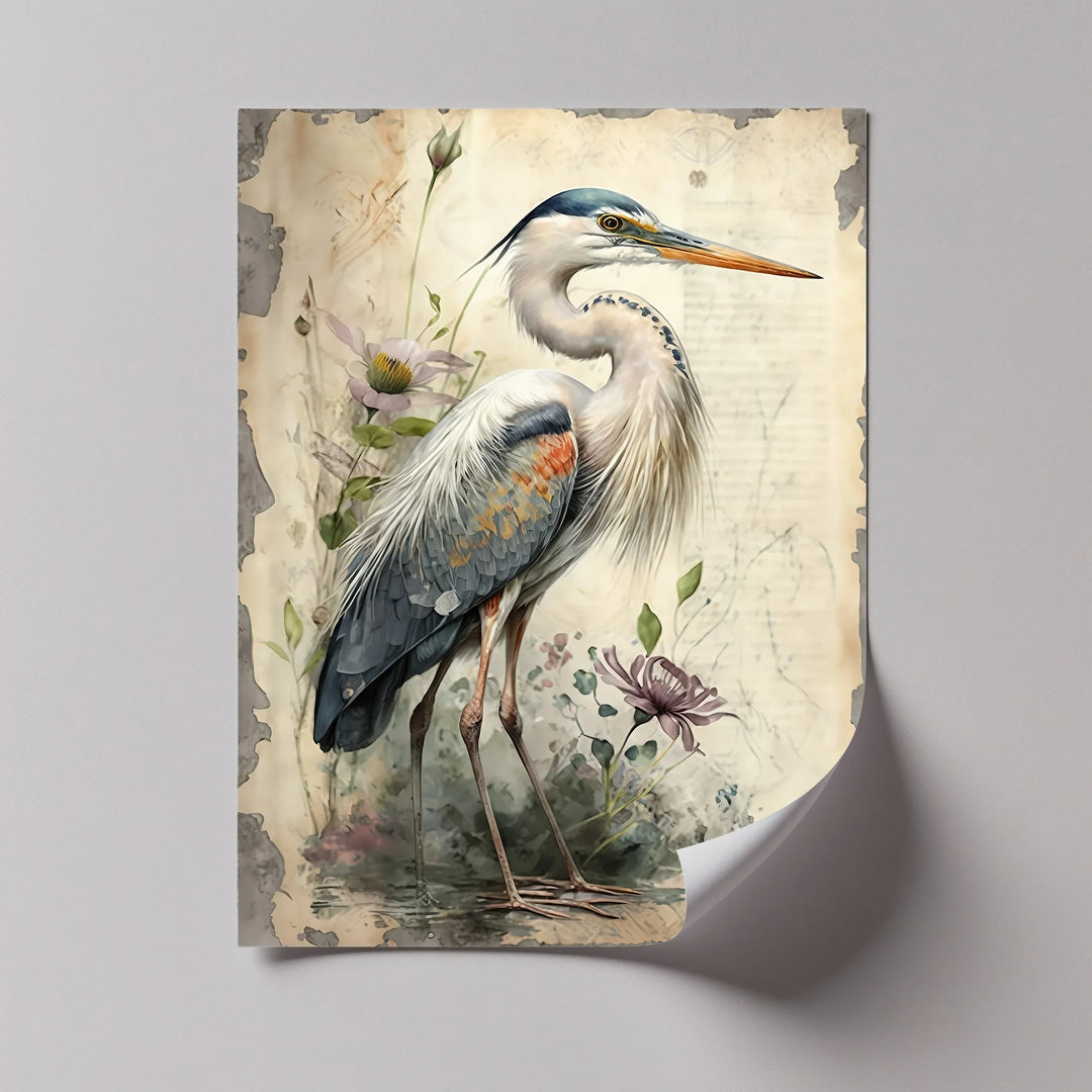 Graceful Heron Amid Wildflowers – Vintage Nature Canvas Print - MyPhotoStation