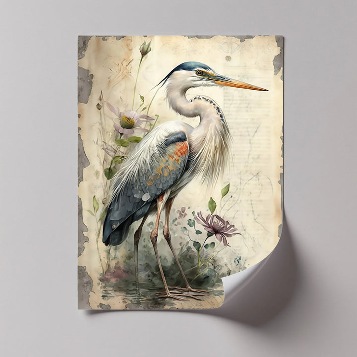 Graceful Heron Amid Wildflowers – Vintage Nature Canvas Print - MyPhotoStation