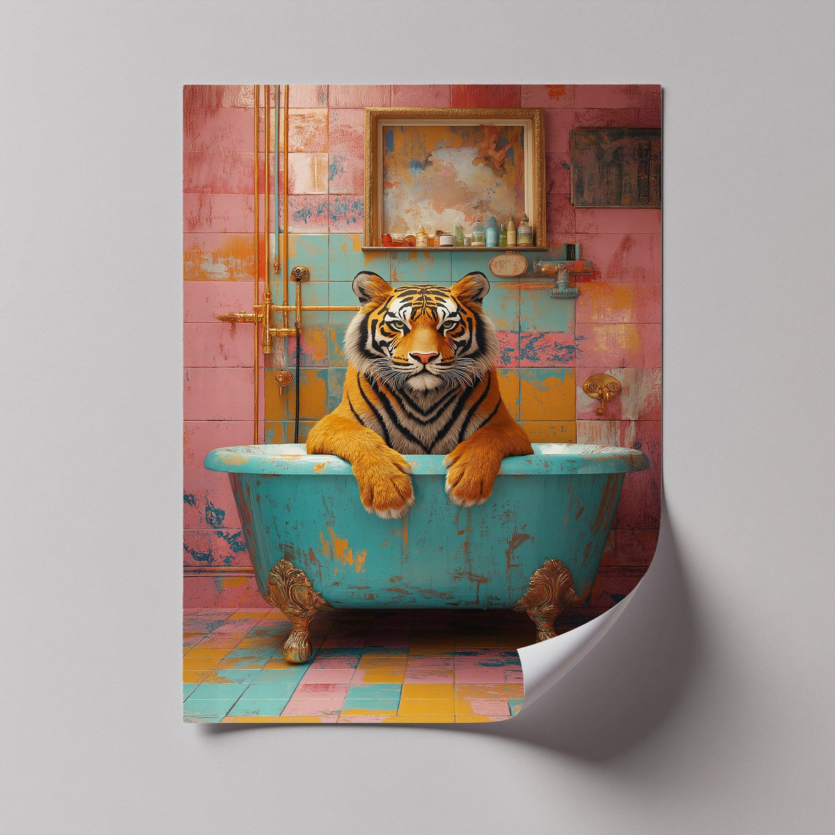 Perched majestically in a turquoise bathtub, the central subject, a tiger, elevates this hanging canvas print with a regal yet whimsical charm in a colorful bathroom.