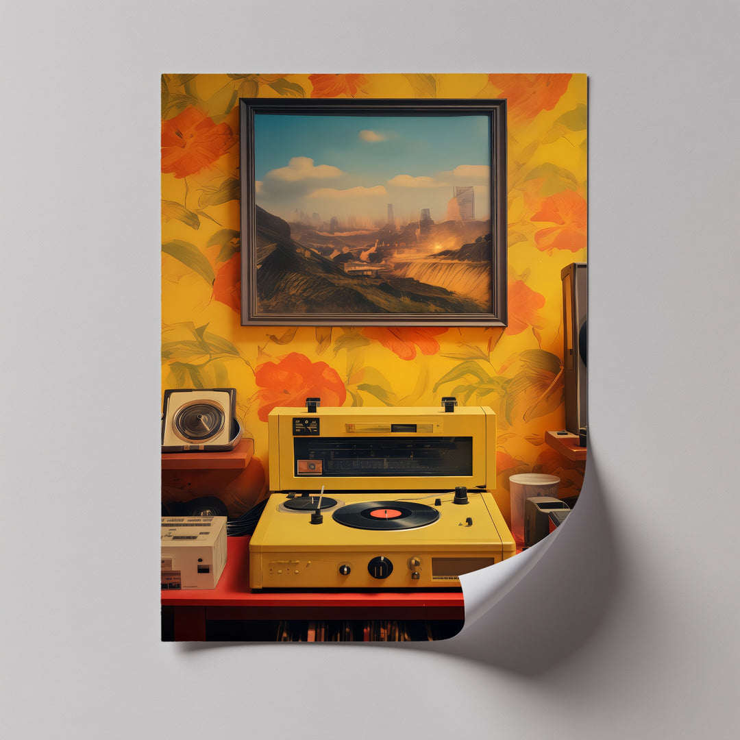 Sunset Groove – Retro Turntable & Futuristic Landscape Canvas Print