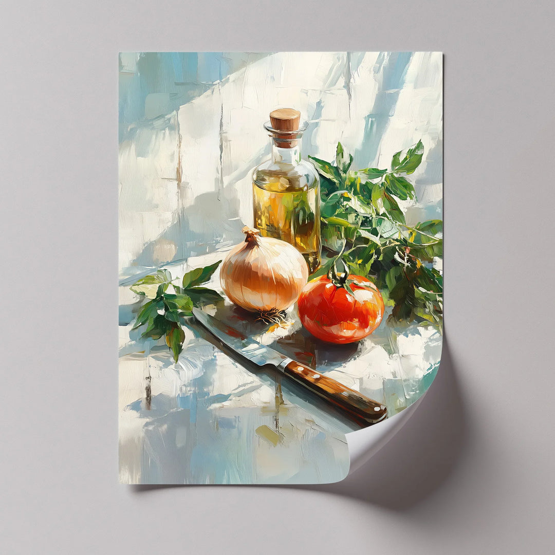 Rustic Kitchen Essentials – Tomato, Onion & Olive Oil Still Life Canvas Print - MyPhotoStation