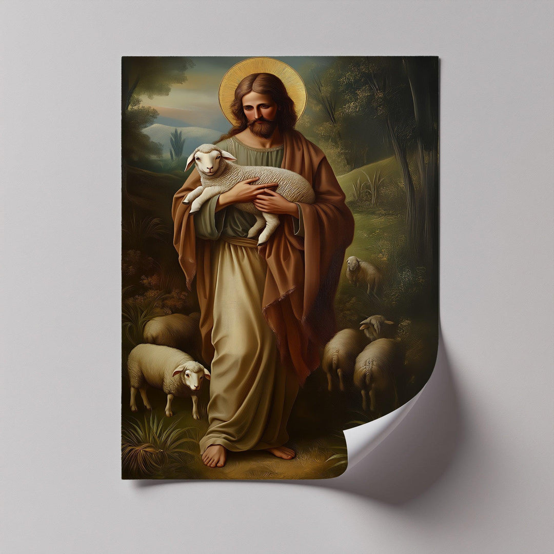 This serene canvas print reflects divine care and the gentle love of the Good Shepherd.

