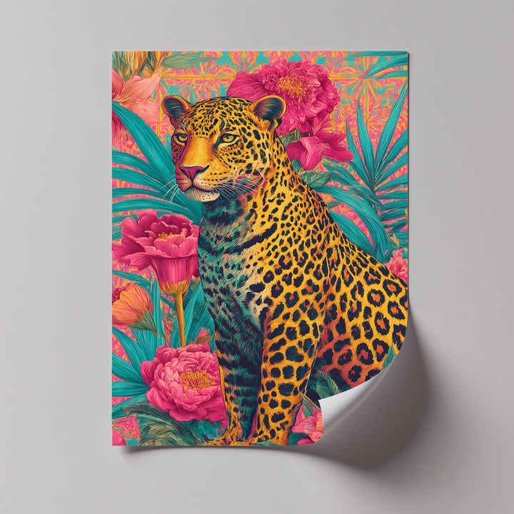 Regal Jungle Majesty – Vibrant Leopard in Floral Canvas Print
