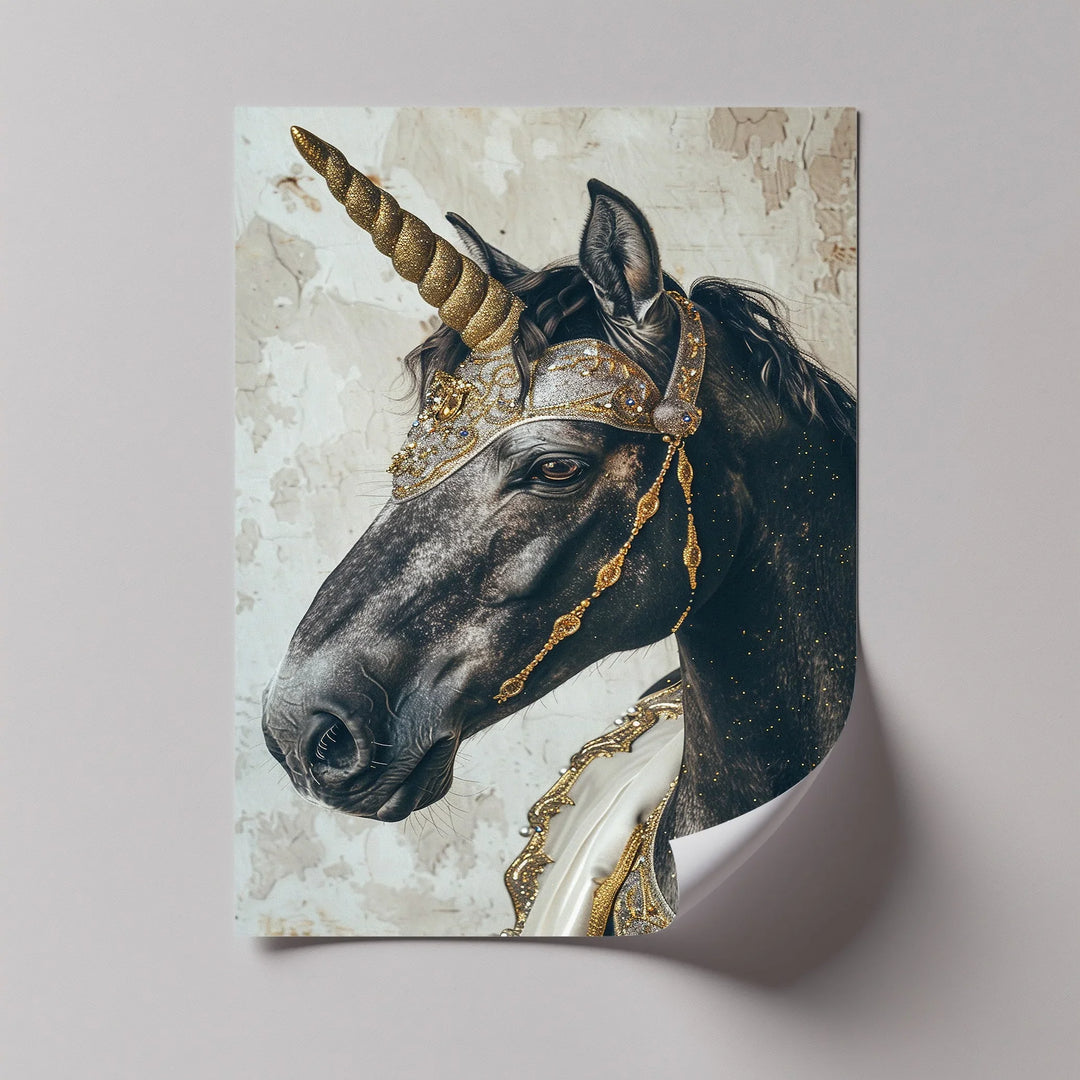 Regal Black Unicorn with Golden Armor – Fantasy Animal Canvas Print - MyPhotoStation
