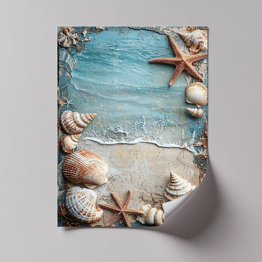 Organic seashells and starfish frame this ocean shore canvas print, evoking nature's artistry in a unique hanging canvas wall art design.