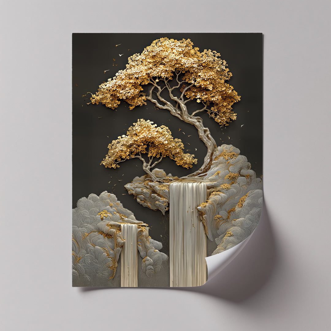 Golden Cascades – Abstract Tree and Waterfall Canvas Print