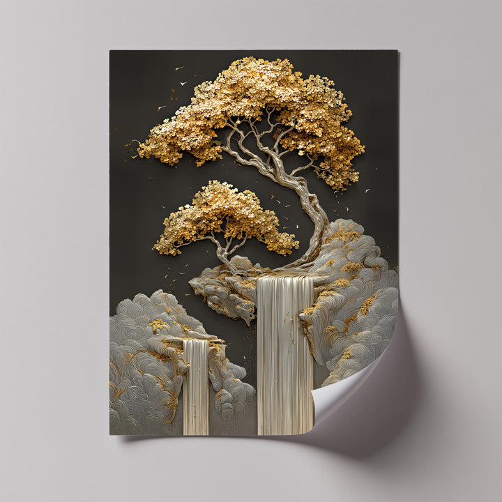 Golden Cascades – Abstract Tree and Waterfall Canvas Print